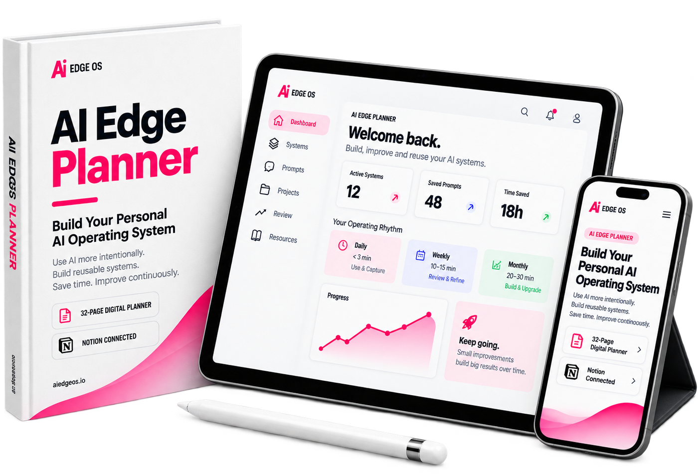 The AI Edge Planner: a printed planner alongside the connected Notion workspace shown on a tablet and phone.