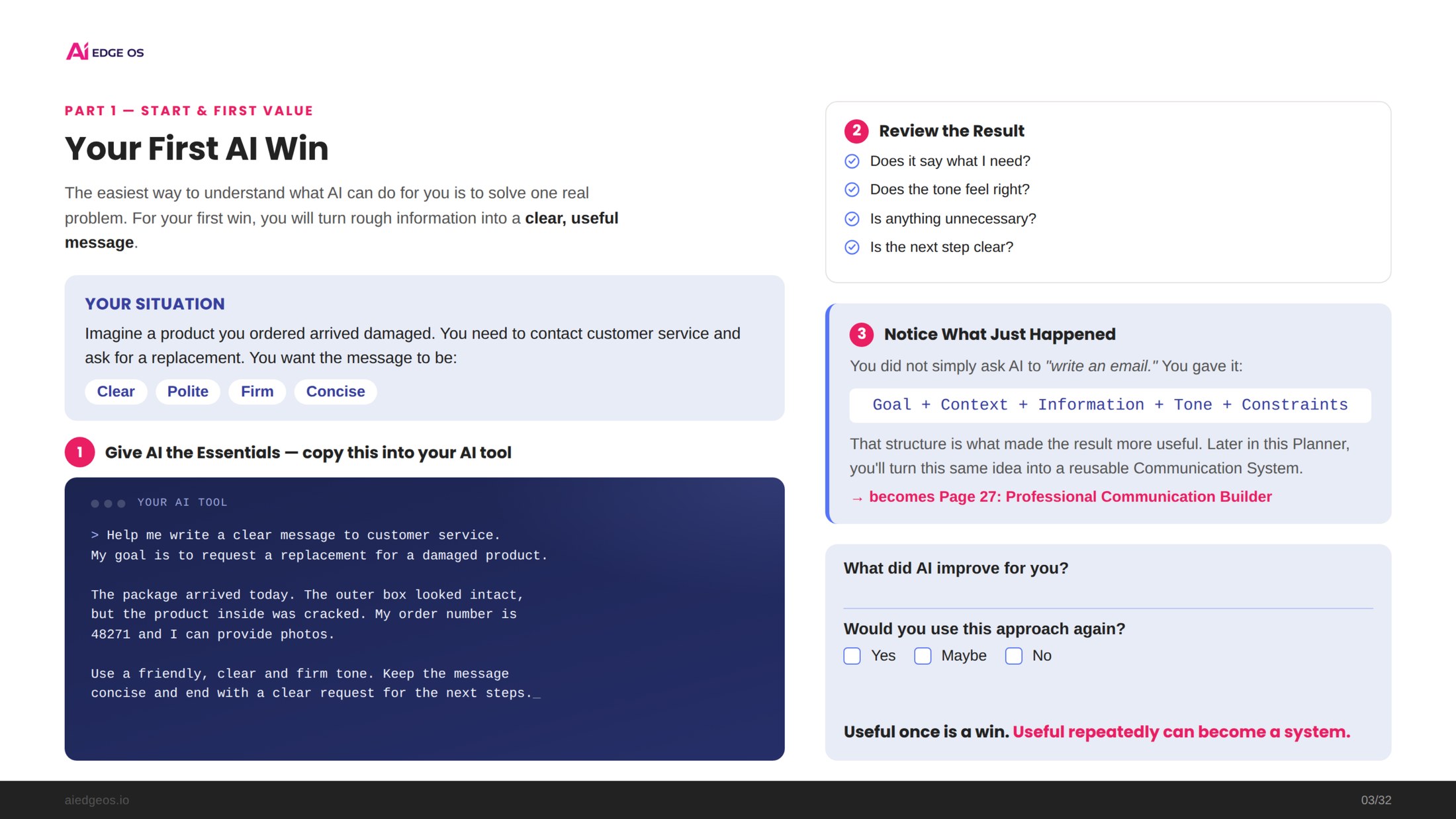 A Planner page called Your First AI Win, showing a real worked example: a situation, a copy-and-paste AI instruction, a review checklist and a short reflection.