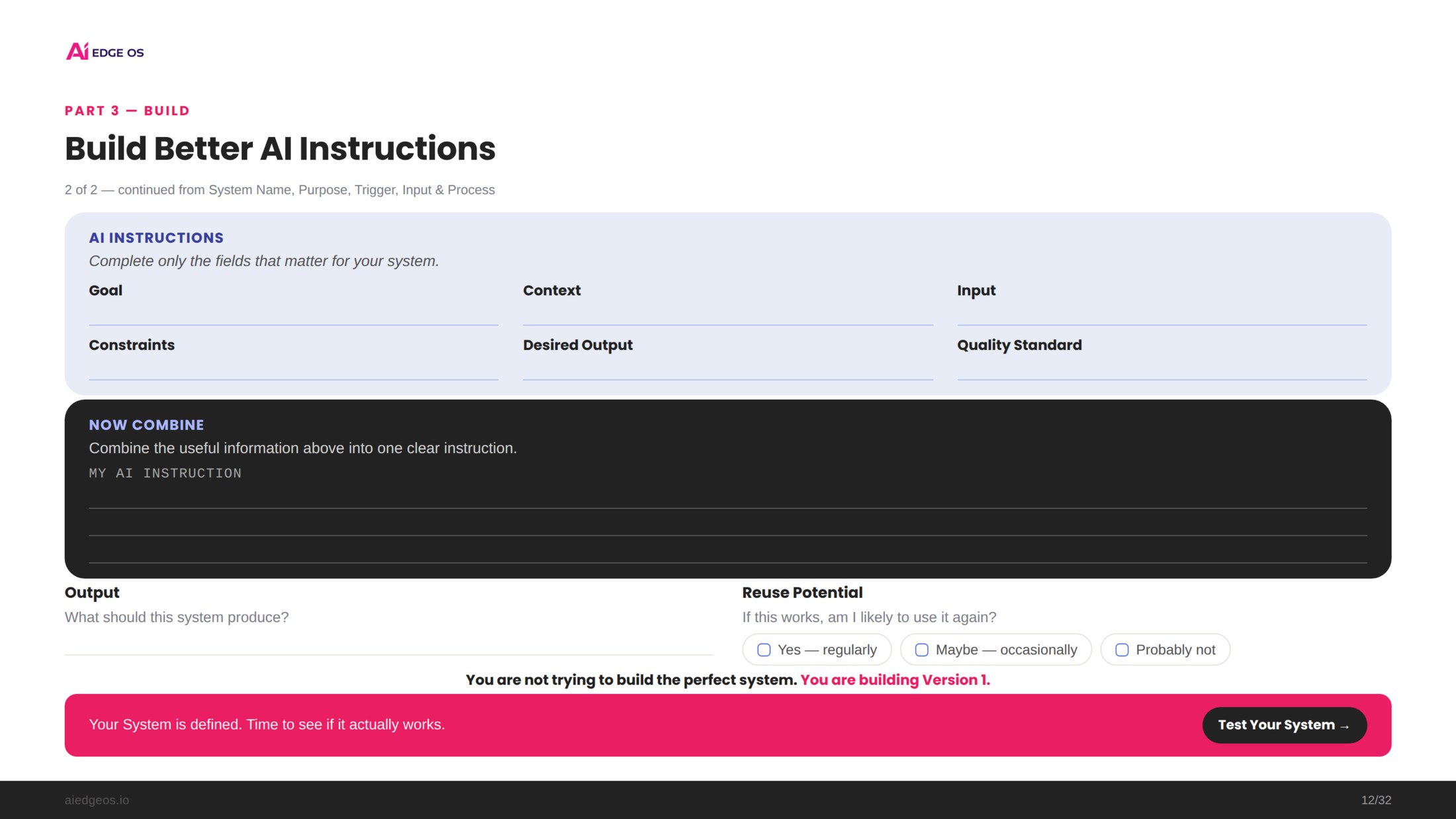 A Planner page for building better AI instructions from goal, context, input, constraints, desired output and quality standard.