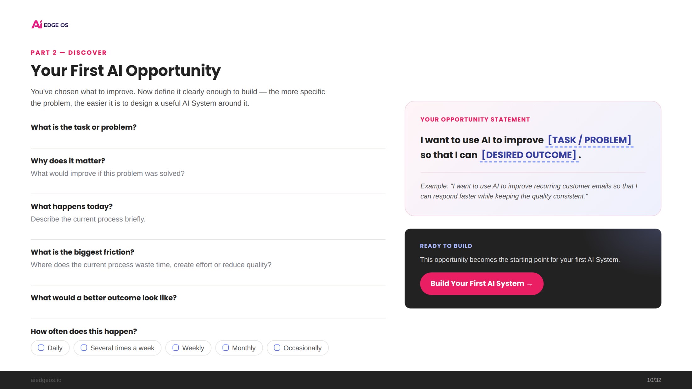 A Planner page for defining your first AI opportunity, with an opportunity statement and prompts to describe the task, friction and desired outcome.