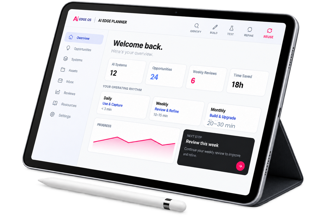AI Edge Planner dashboard shown on a tablet — Identify, Build, Test, Refine, Reuse navigation with Daily, Weekly and Monthly operating rhythm cards